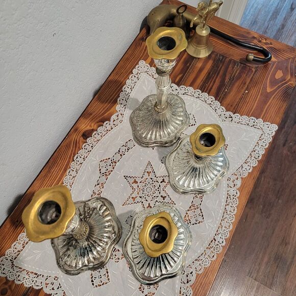 Vintage Candle Stick Set Of 4 Holders Silver Plated Made in England 2-tone - Picture 5 of 16